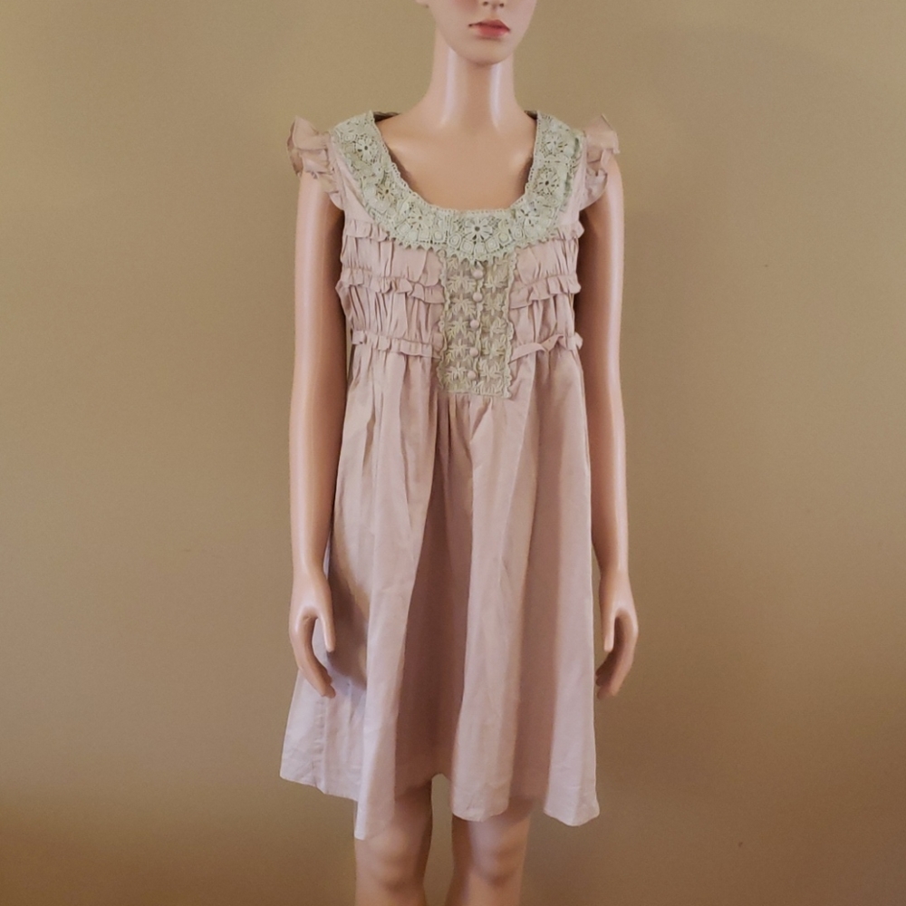 Anthropologie Blush Pink Midi Dress with Cream Lace Trim